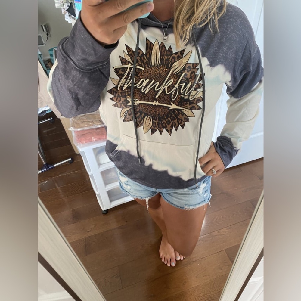 Charcoal Ivory Tie Dye Leopard Sunflower Thankful Hoodie size large